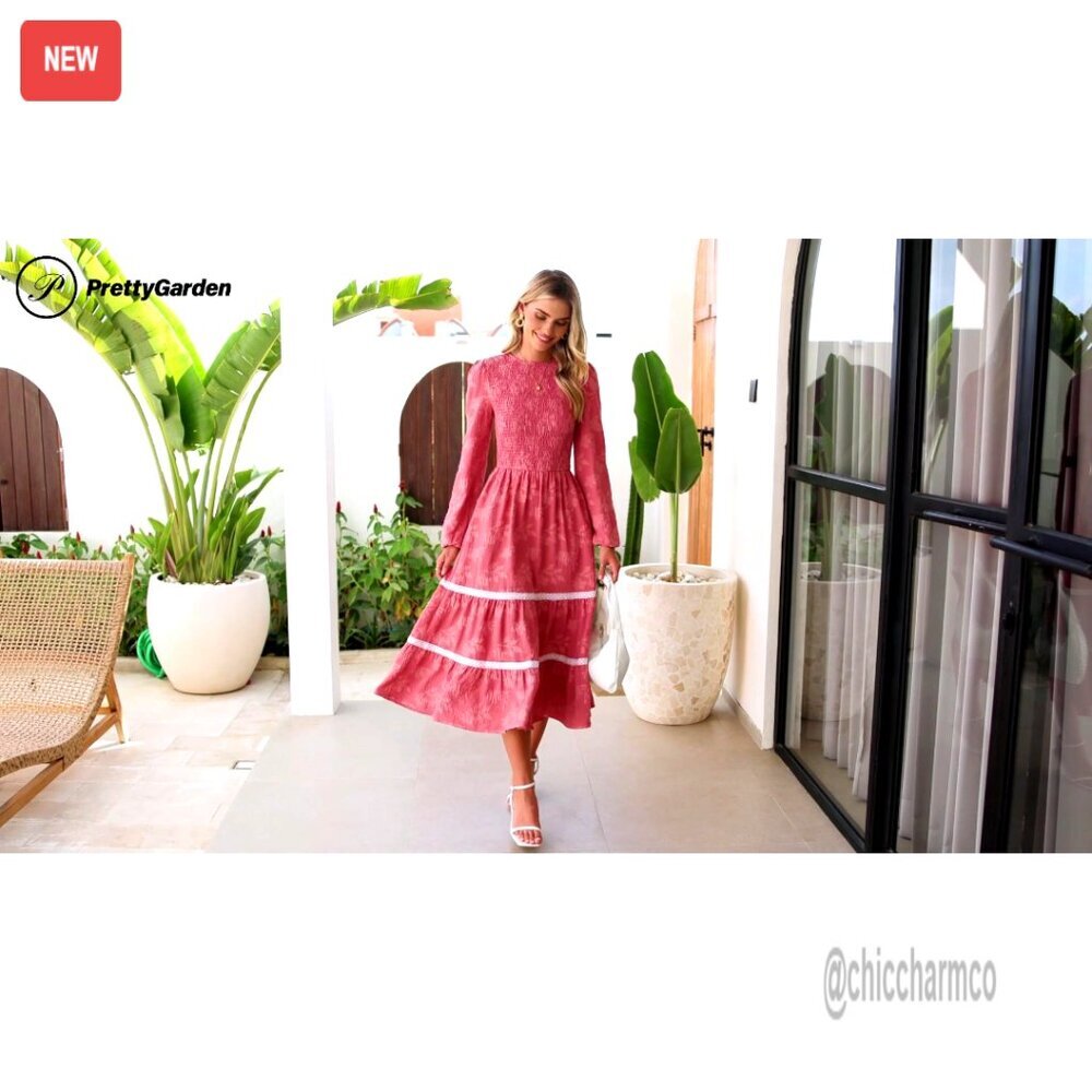 Long Sleeve Smocked Midi Dress, Floral Boho, Flowy Wedding Guest Dress - Picture 7 of 7